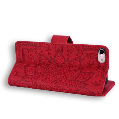 For iPhone 16e Mandala Embossed Dual-Fold Calf Leather Phone Case(Red)