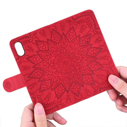 For iPhone 16e Mandala Embossed Dual-Fold Calf Leather Phone Case(Red)