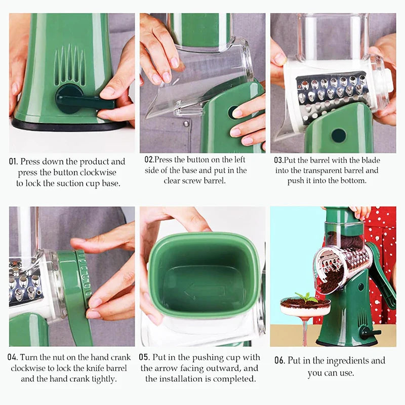 Easy spin kitchen grater for shredding vegetables and cheese safely