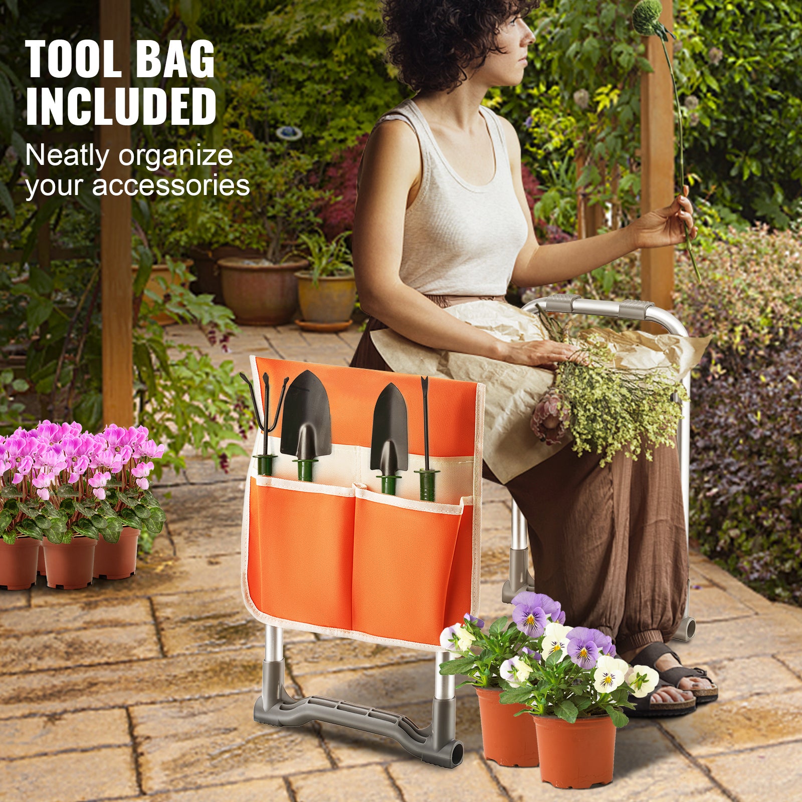 Foldable garden kneeler and seat with cushion and tool pouch for gardening comfort