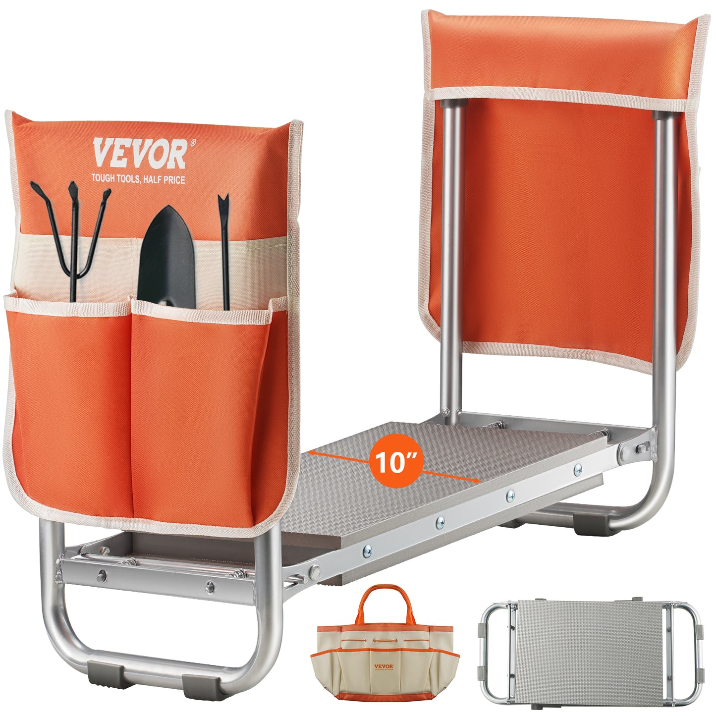 Foldable garden kneeler and seat with cushion and tool pouch for gardening comfort