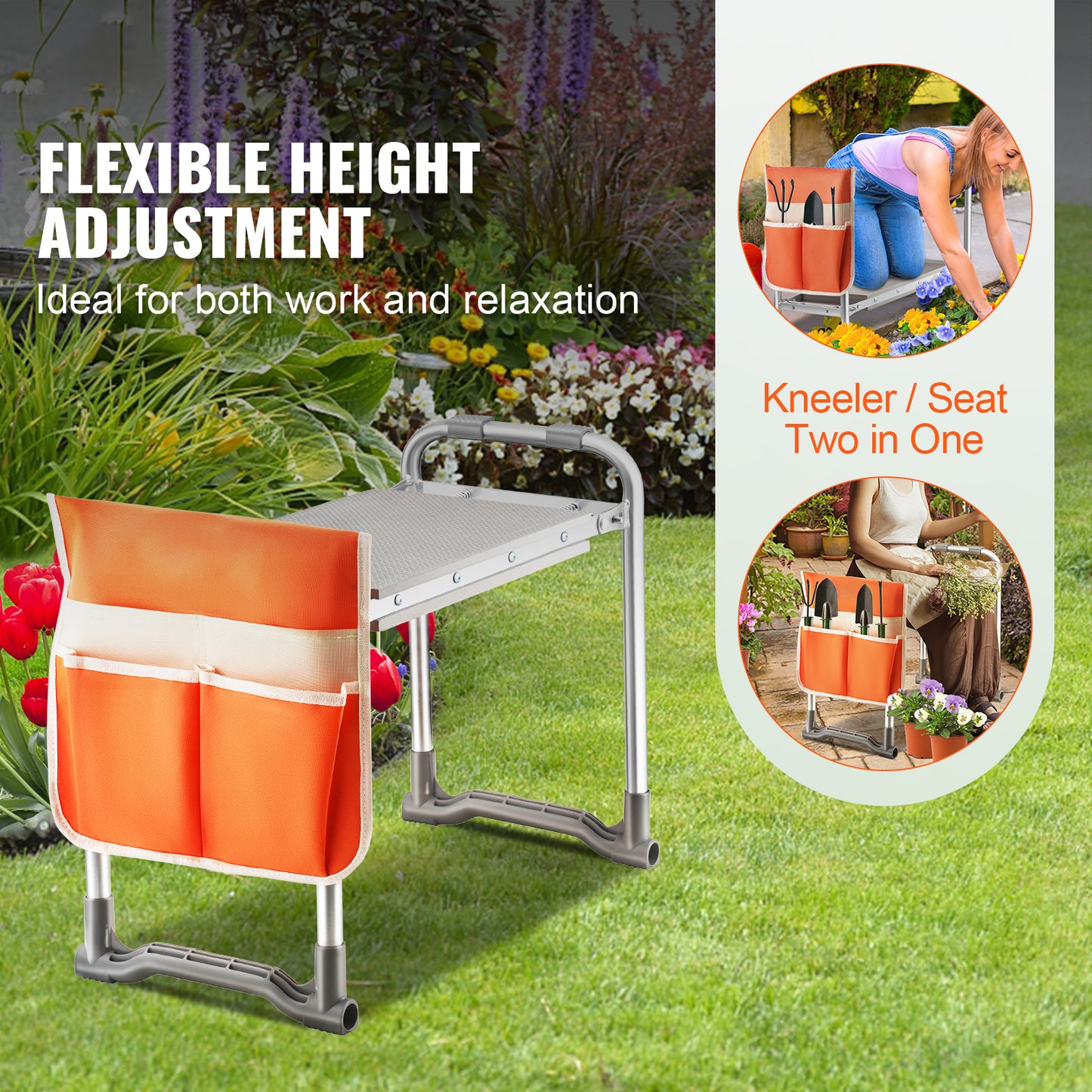 Foldable garden kneeler and seat with cushion and tool pouch for gardening comfort