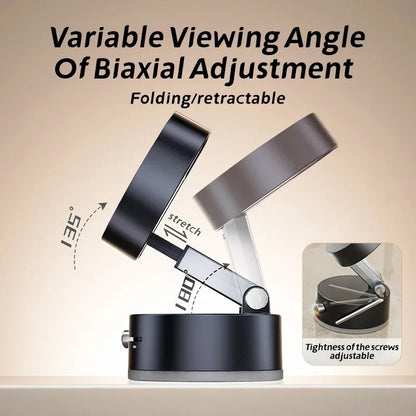 Foldable magnetic phone holder with vacuum base for portable use on desk or car