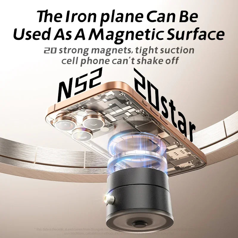 Foldable magnetic phone holder with vacuum base for portable use on desk or car