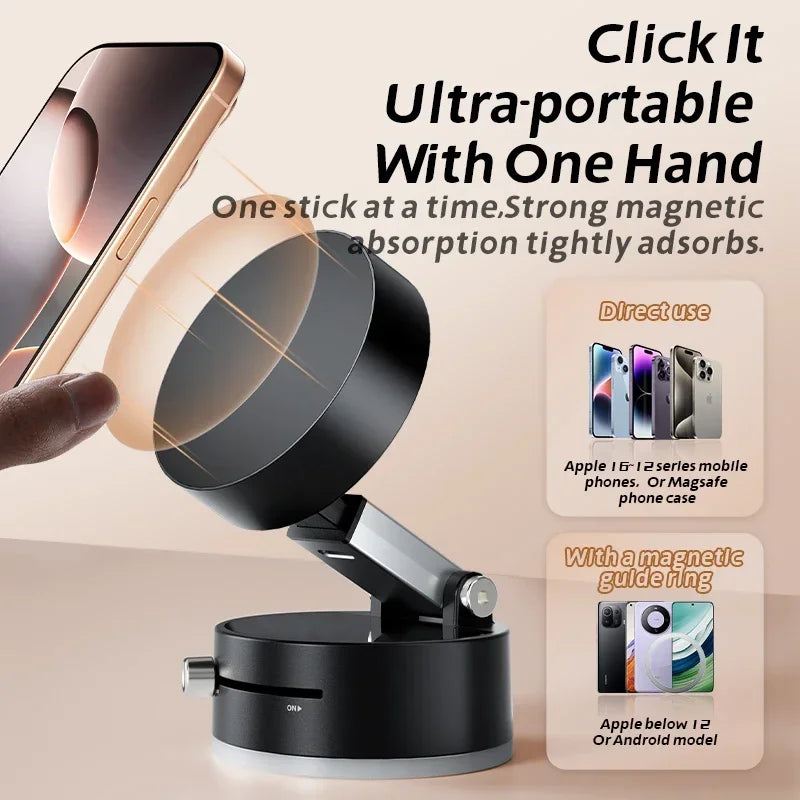 Foldable magnetic phone holder with vacuum base for portable use on desk or car