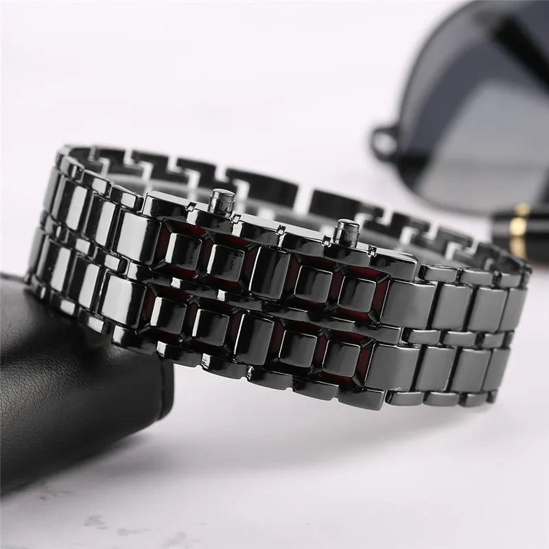 Fashion Black Full Metal Digital Lava Wrist Watch Men Red/Blue LED Display Men's Watches Gifts for Male Boy Sport Creative Clock