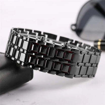 Fashion Black Full Metal Digital Lava Wrist Watch Men Red/Blue LED Display Men's Watches Gifts for Male Boy Sport Creative Clock