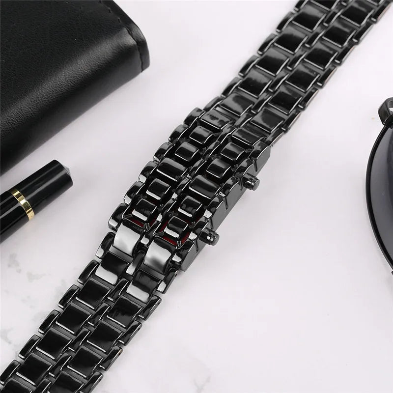 Fashion Black Full Metal Digital Lava Wrist Watch Men Red/Blue LED Display Men's Watches Gifts for Male Boy Sport Creative Clock