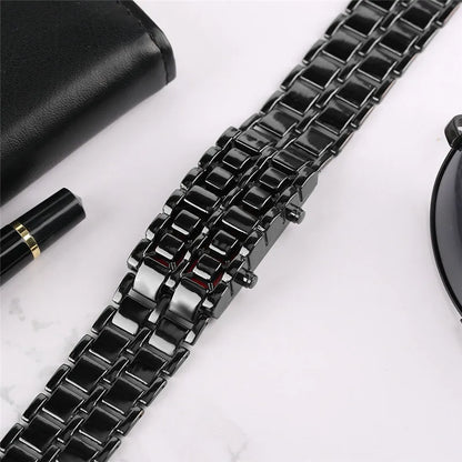 Fashion Black Full Metal Digital Lava Wrist Watch Men Red/Blue LED Display Men's Watches Gifts for Male Boy Sport Creative Clock
