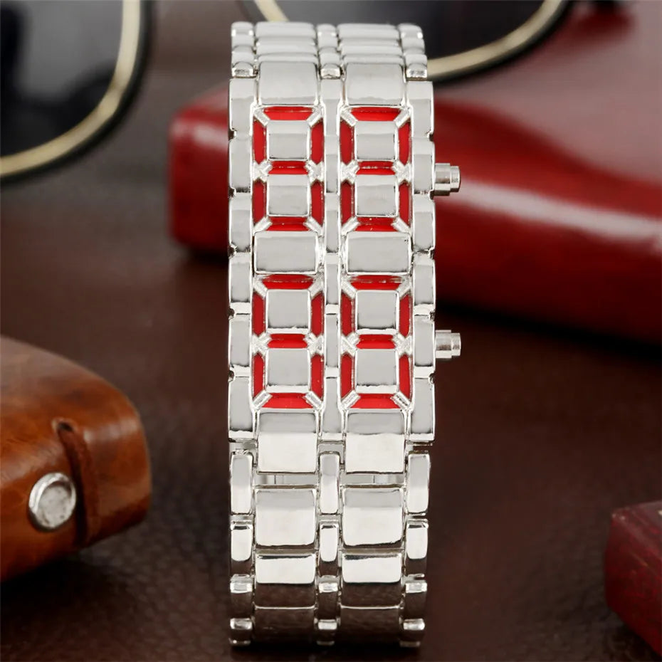 Fashion Black Full Metal Digital Lava Wrist Watch Men Red/Blue LED Display Men's Watches Gifts for Male Boy Sport Creative Clock