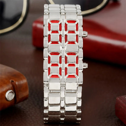 Fashion Black Full Metal Digital Lava Wrist Watch Men Red/Blue LED Display Men's Watches Gifts for Male Boy Sport Creative Clock