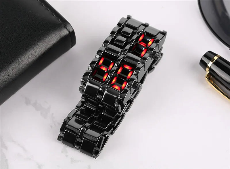 Fashion Black Full Metal Digital Lava Wrist Watch Men Red/Blue LED Display Men's Watches Gifts for Male Boy Sport Creative Clock
