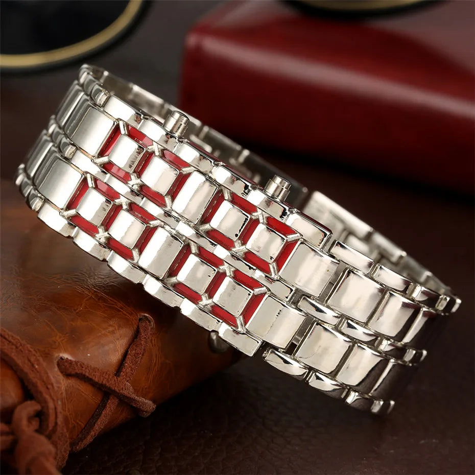 Fashion Black Full Metal Digital Lava Wrist Watch Men Red/Blue LED Display Men's Watches Gifts for Male Boy Sport Creative Clock