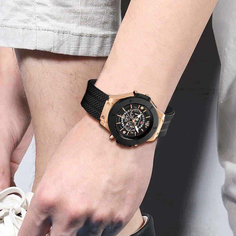 Men's Sports Watch – Quartz Waterproof Japanese Movement Timepiece Calendar & Silicone Strap