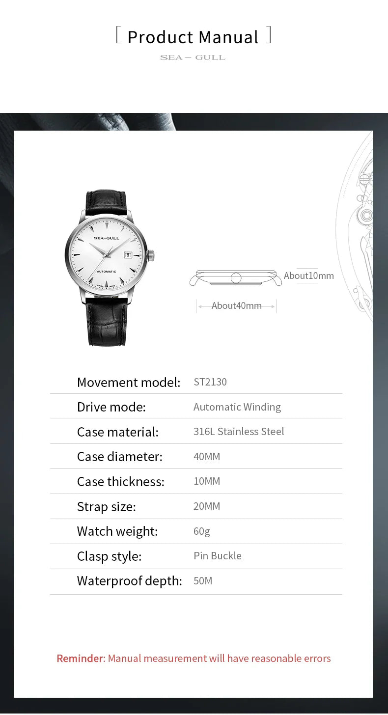 2023 Seagull Men's Mechanical Wristwatches Business Calendar Watch 50m Waterproof Leather Buckle Mens Watches  819.613