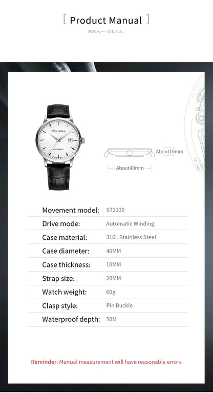 2023 Seagull Men's Mechanical Wristwatches Business Calendar Watch 50m Waterproof Leather Buckle Mens Watches  819.613