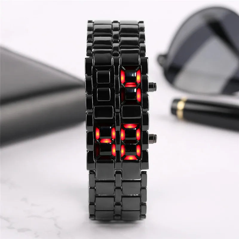 Fashion Black Full Metal Digital Lava Wrist Watch Men Red/Blue LED Display Men's Watches Gifts for Male Boy Sport Creative Clock