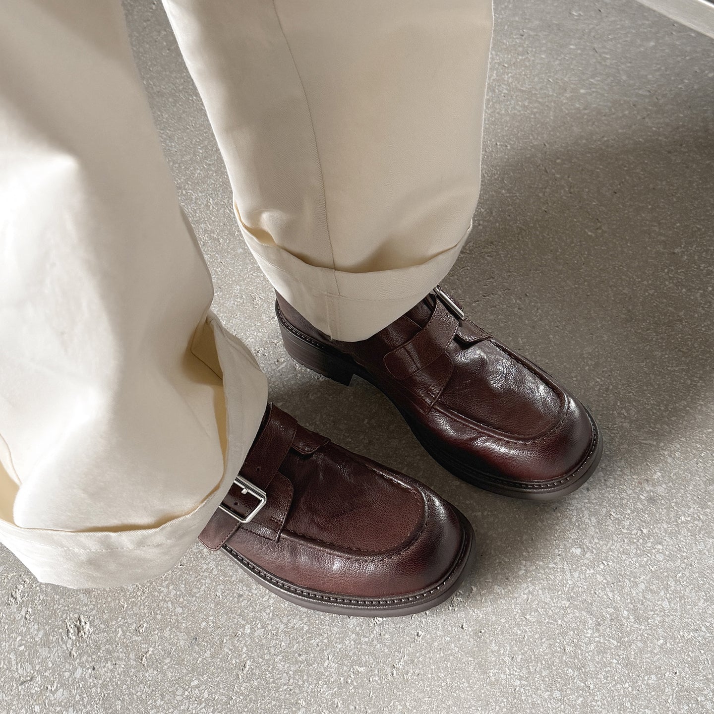 Washed Leather Monk Strap Loafers