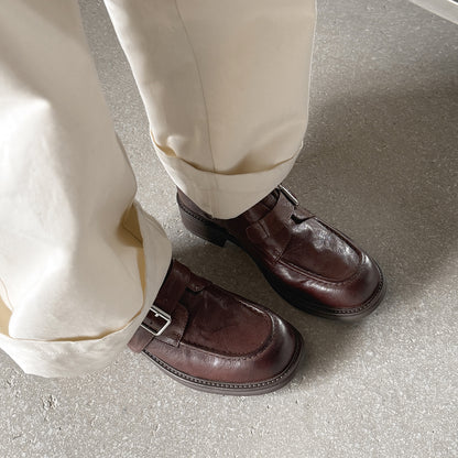 Washed Leather Monk Strap Loafers