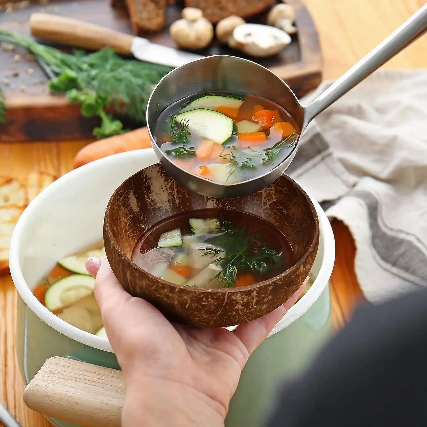 Handmade natural coconut shell bowls for sustainable and eco-friendly dining