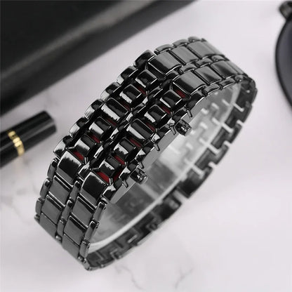 Fashion Black Full Metal Digital Lava Wrist Watch Men Red/Blue LED Display Men's Watches Gifts for Male Boy Sport Creative Clock