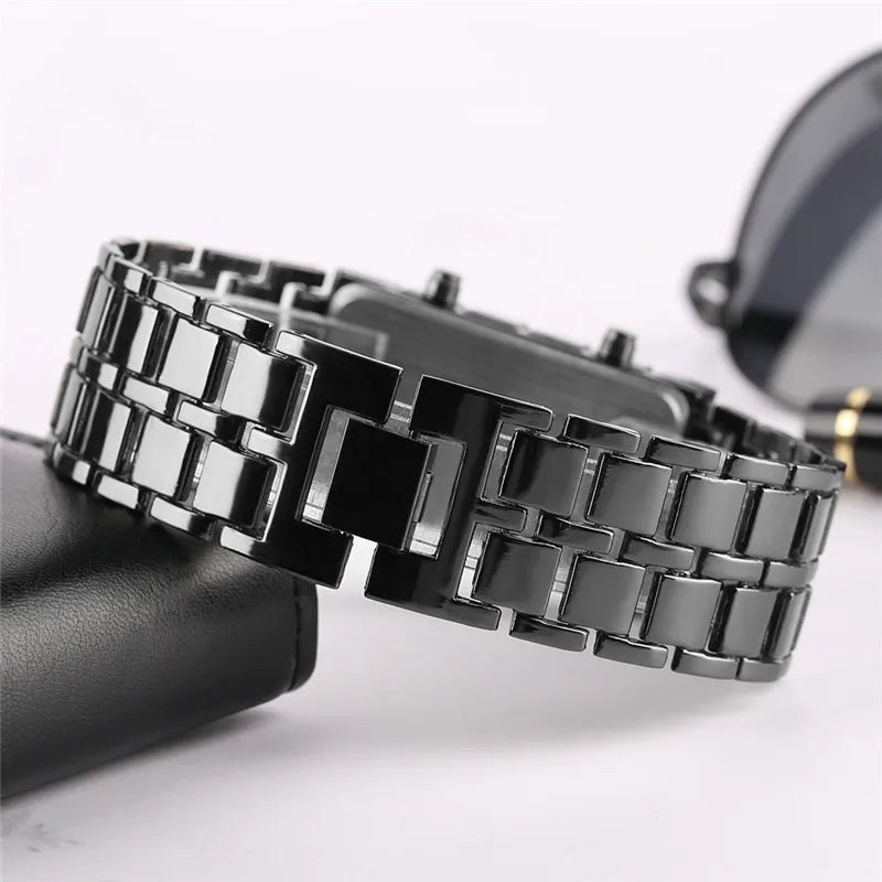 Fashion Black Full Metal Digital Lava Wrist Watch Men Red/Blue LED Display Men's Watches Gifts for Male Boy Sport Creative Clock