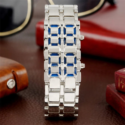 Fashion Black Full Metal Digital Lava Wrist Watch Men Red/Blue LED Display Men's Watches Gifts for Male Boy Sport Creative Clock