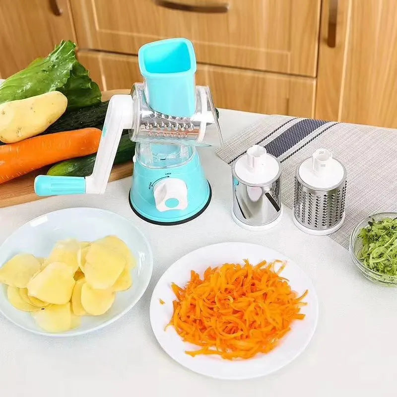 Manual vegetable cutter and shredder with hand crank for kitchen use
