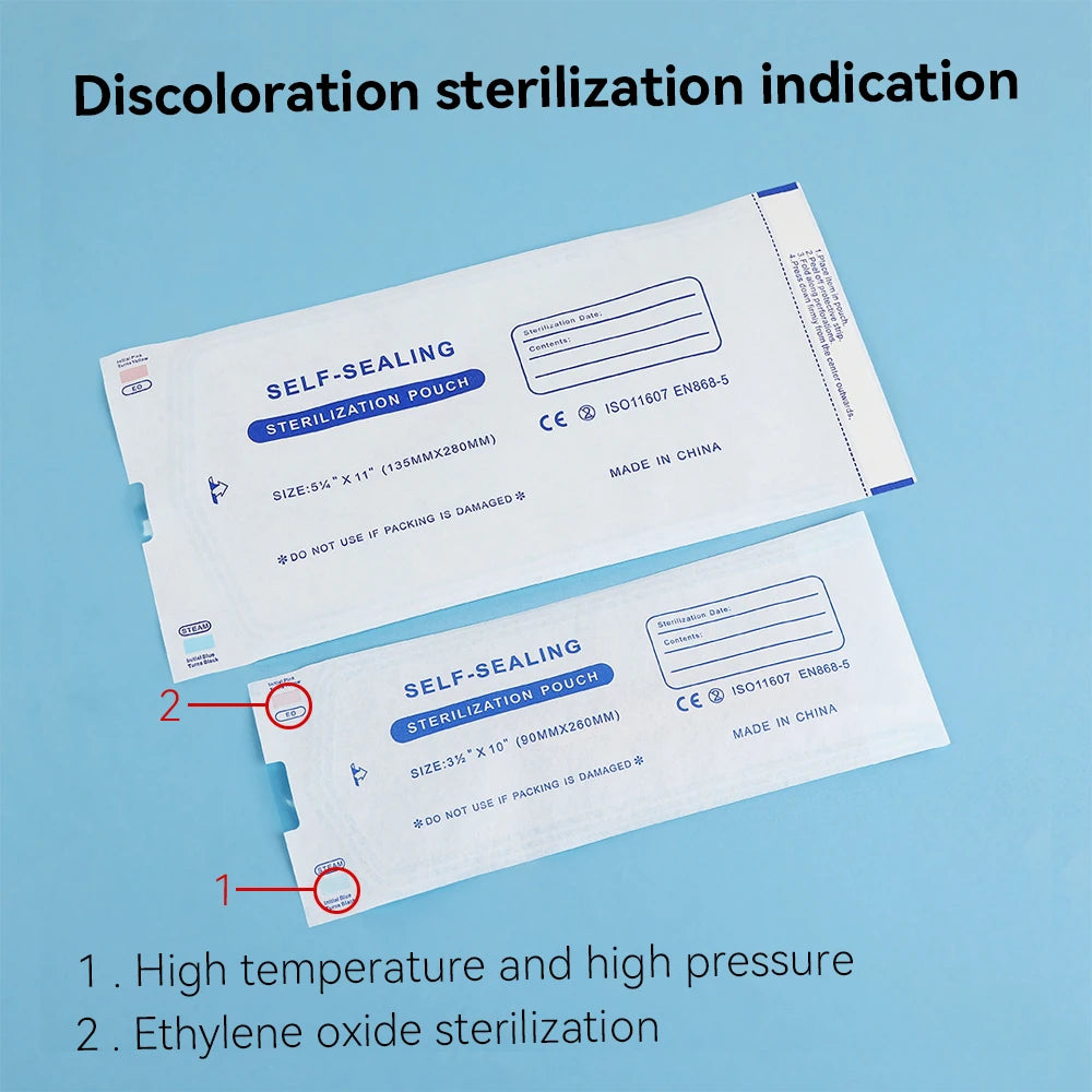 Medical-grade self sealing sterilization pouches for dental and tattoo tools
