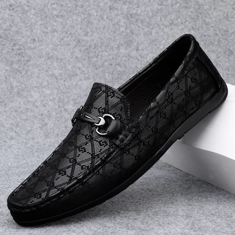 Men's black leather business casual loafers with slip-on design