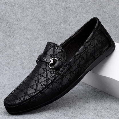 Men's black leather business casual loafers with slip-on design