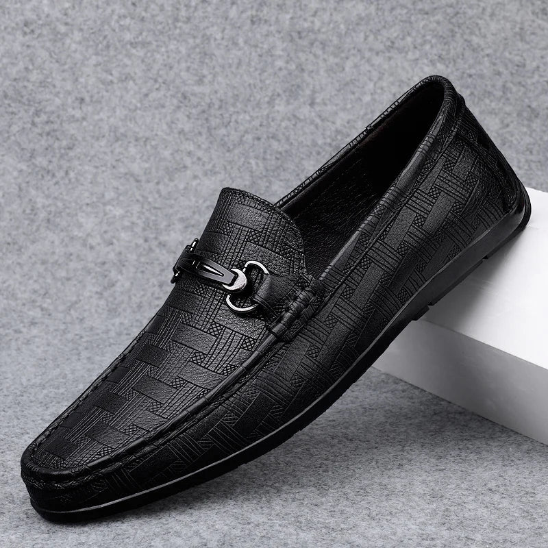 Men's black leather business casual loafers with slip-on design