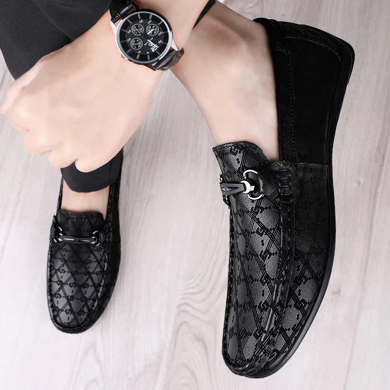 Men's black leather business casual loafers with slip-on design