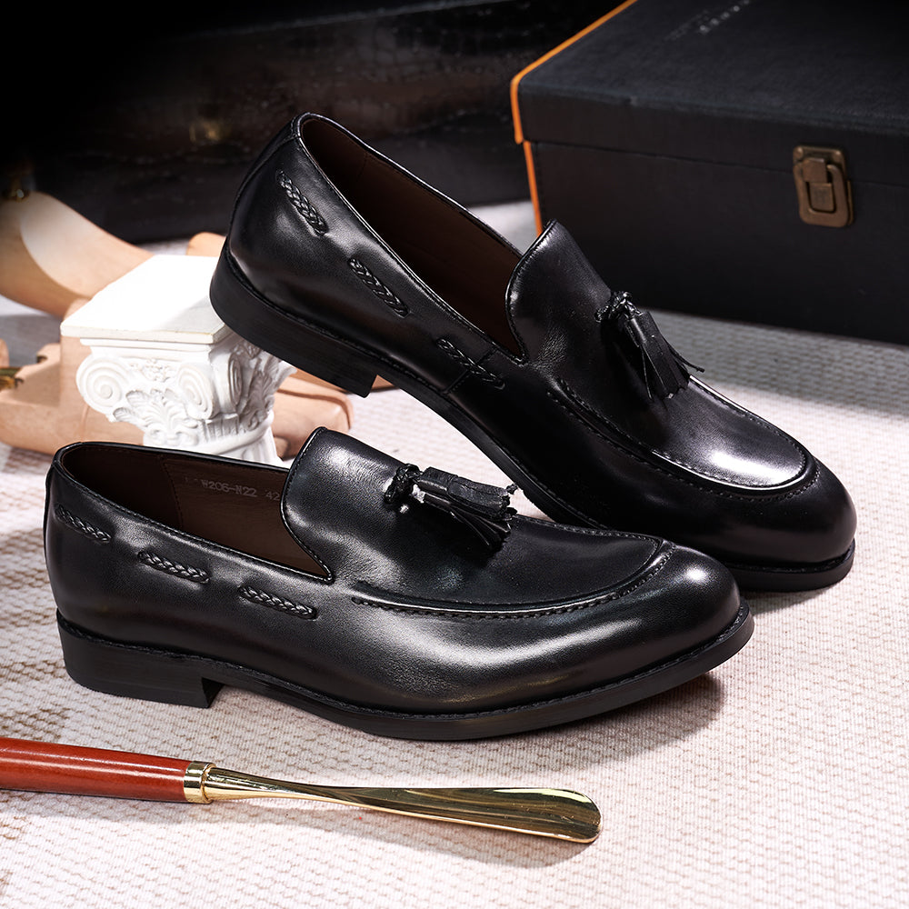 Men's genuine leather tassel loafers handmade for classic elegance