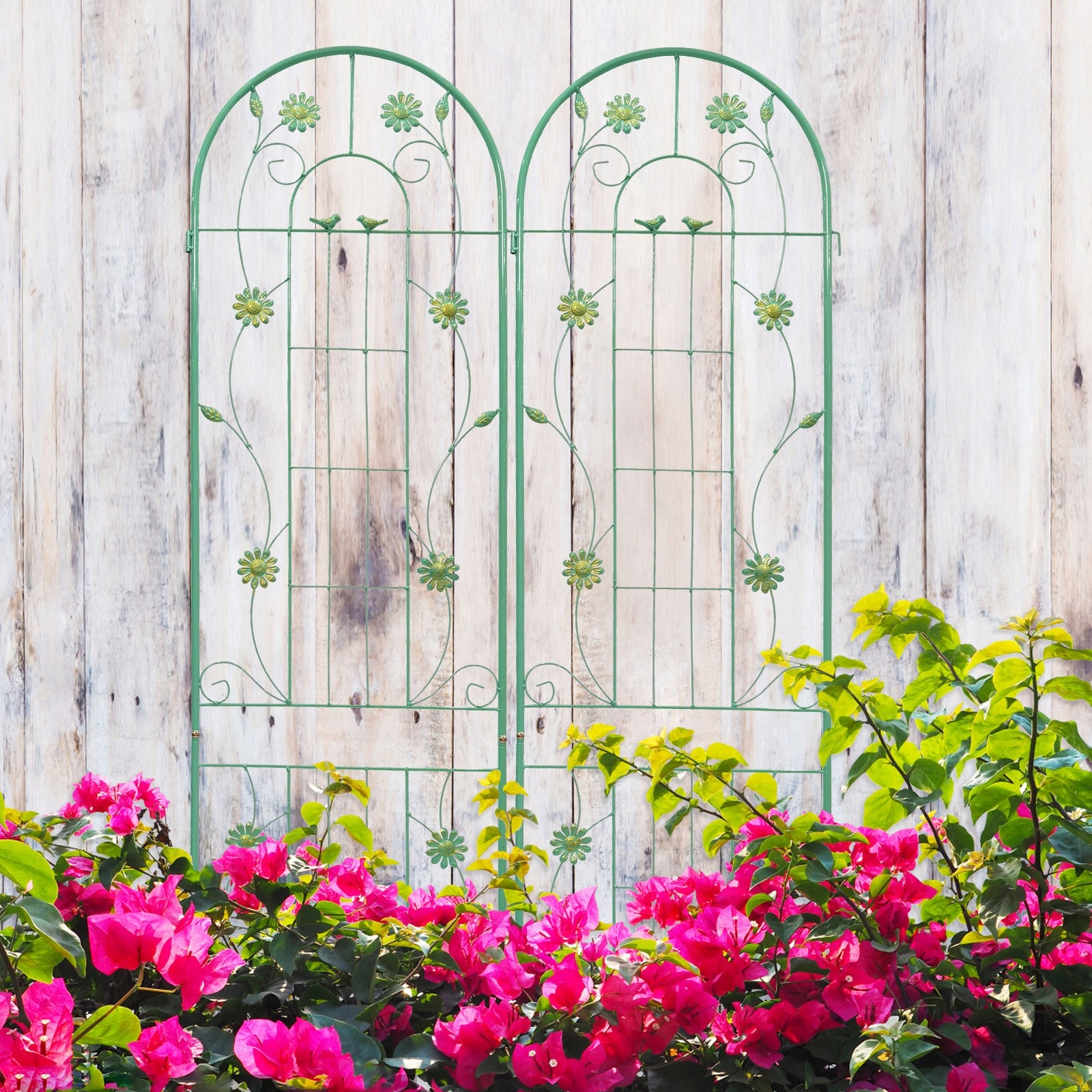 Metal garden trellis for climbing plants in outdoor garden setting