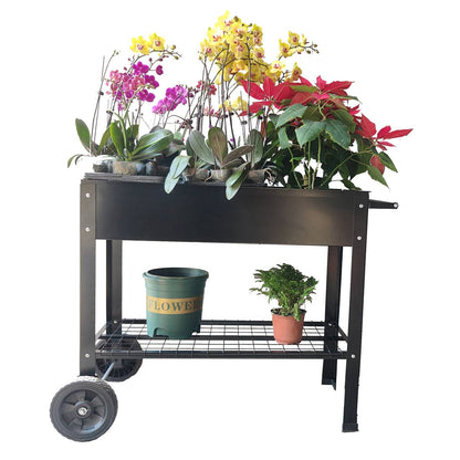 Mobile raised garden bed on wheels with storage shelf for easy gardening