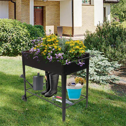 Mobile raised garden bed on wheels with storage shelf for easy gardening