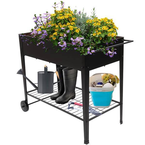 Mobile raised garden bed on wheels with storage shelf for easy gardening