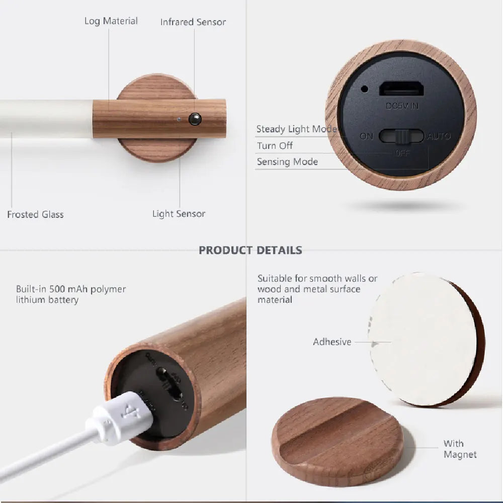 Modern LED wood USB night light with minimalist wooden design