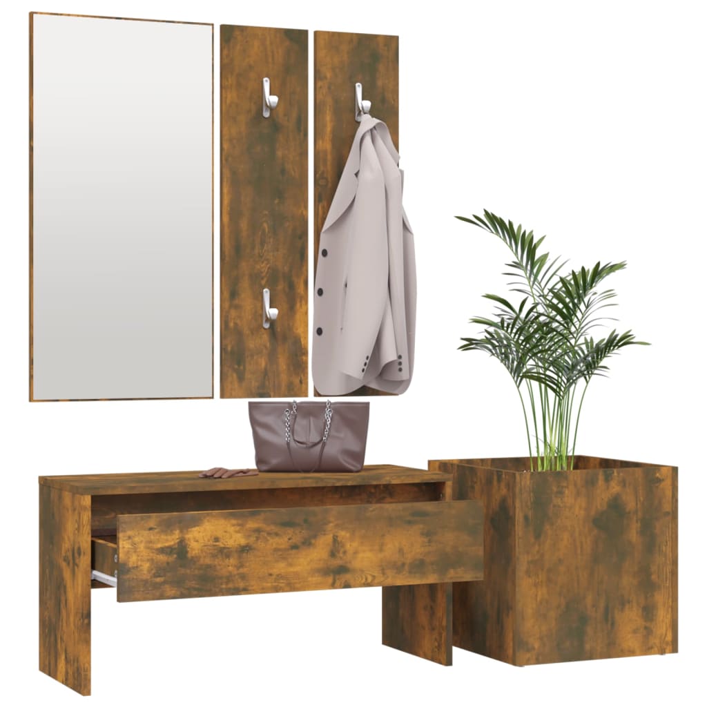 Modern hallway furniture smoked oak bench with storage and coat hooks