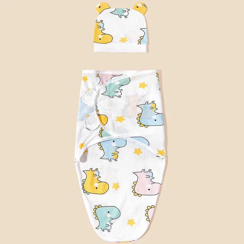 Newborn Cotton Baby Swaddle Wrap Adjustable Sleepsack Hat Set