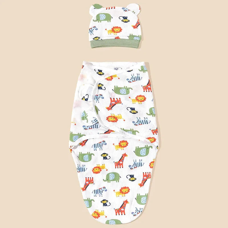 Newborn Cotton Baby Swaddle Wrap Adjustable Sleepsack Hat Set