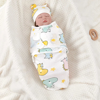 Newborn Cotton Baby Swaddle Wrap Adjustable Sleepsack Hat Set