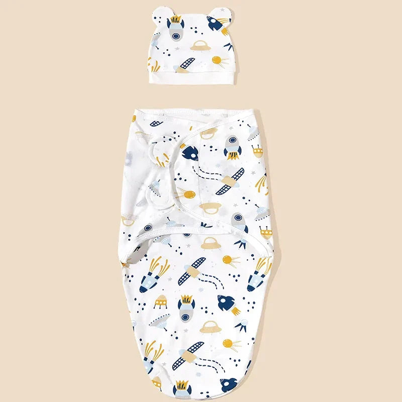 Newborn Cotton Baby Swaddle Wrap Adjustable Sleepsack Hat Set
