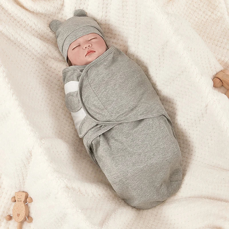 Newborn Cotton Baby Swaddle Wrap Adjustable Sleepsack Hat Set