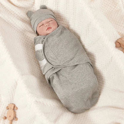 Newborn Cotton Baby Swaddle Wrap Adjustable Sleepsack Hat Set