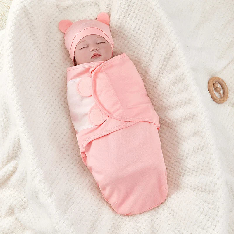 Newborn Cotton Baby Swaddle Wrap Adjustable Sleepsack Hat Set
