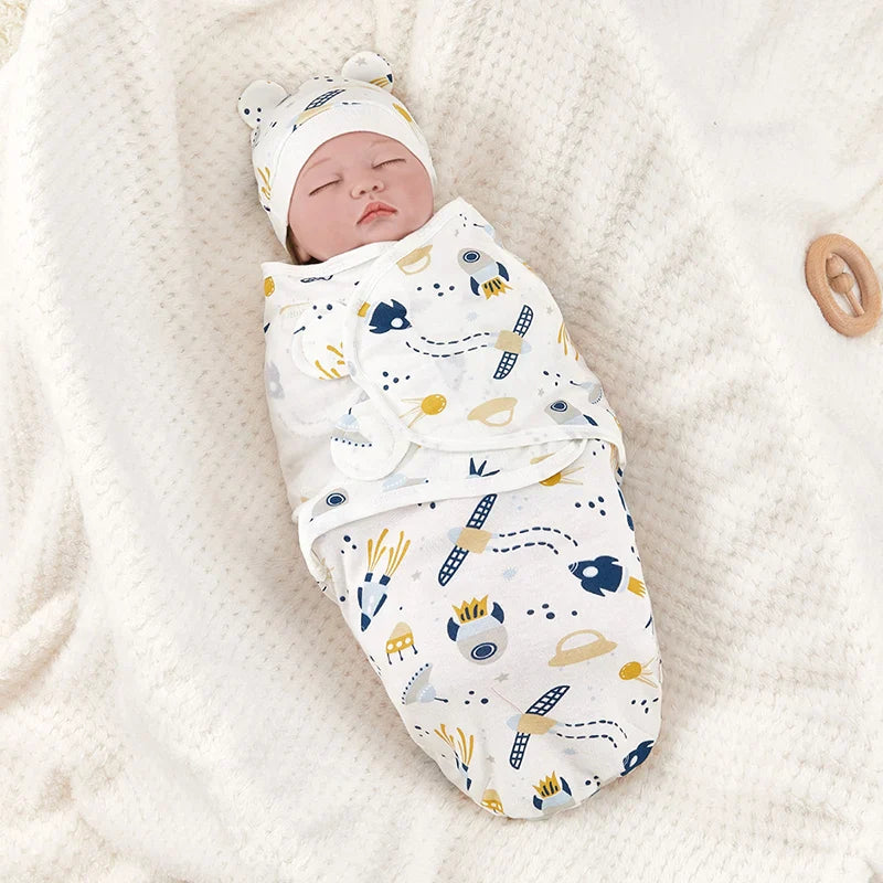 Newborn Cotton Baby Swaddle Wrap Adjustable Sleepsack Hat Set