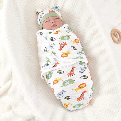 Newborn Cotton Baby Swaddle Wrap Adjustable Sleepsack Hat Set