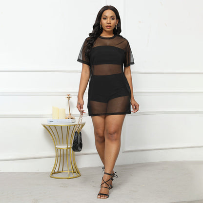 XIANGTUIBAO 2025 fashion large-size clothing, beach mesh see-through suit, chest-wrapping tight shorts, three-piece mesh dress